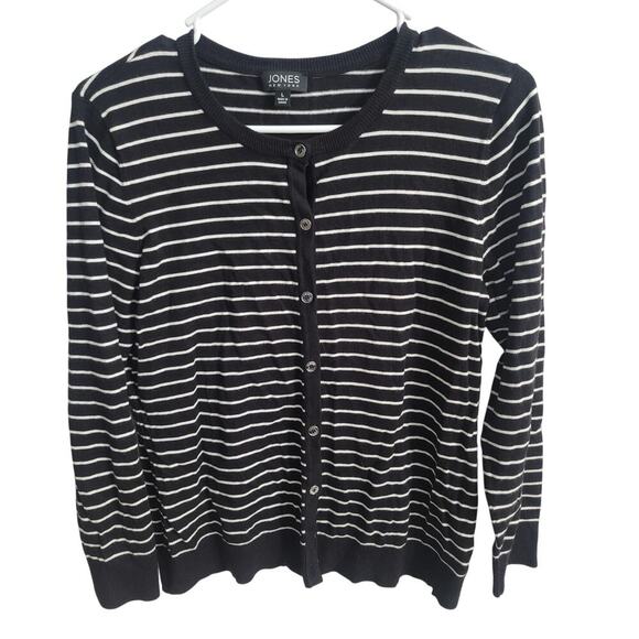Jones New York Cardigan Women's Black White Stripe Button Up Sweater Size L - Picture 1 of 2